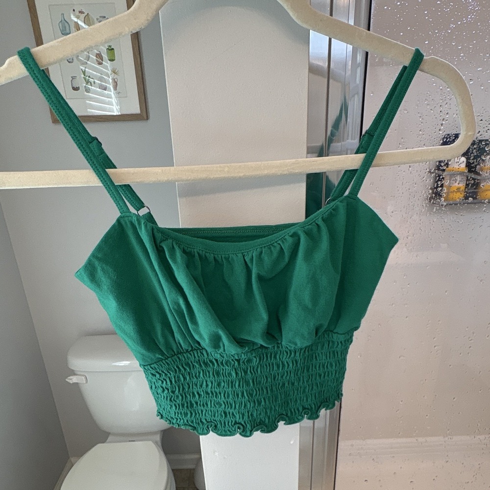 Hollister Green Knit Scoop Neck Shirred Ruffle Spaghetti Strap Cropped Tank S
